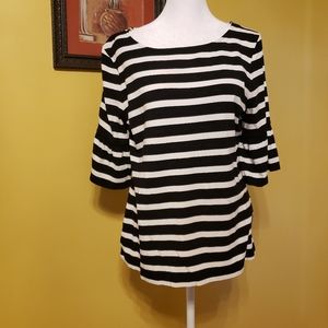 Talbots black white stripe peplum sleeve top Size M